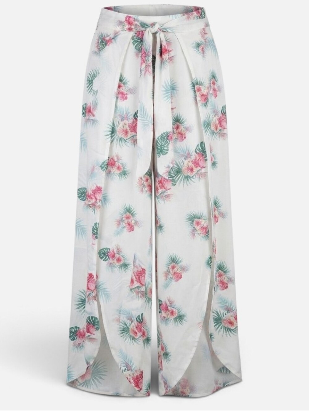 Salty Lemon White Tropical Floral Wide Leg Split Flyaway Beach Pants Sz. Medium